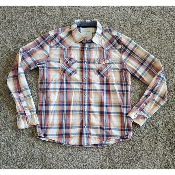 Aeropostale Western Pearl Snap Button Shirt Plaid Orange Blue Red Mens Large - Picture 1 of 9